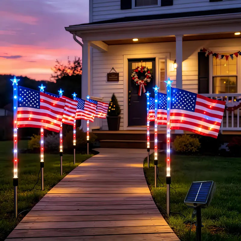 8-Piece Flag Light Set, 4th of July Decorations 8 Lighting Modes, 8-in-1 American Flag Solar Lights, Memorial Day Decorations Featuring Red, White, and Blue Lights for Independence Day Pathway Garden Decorations Yard Pathway