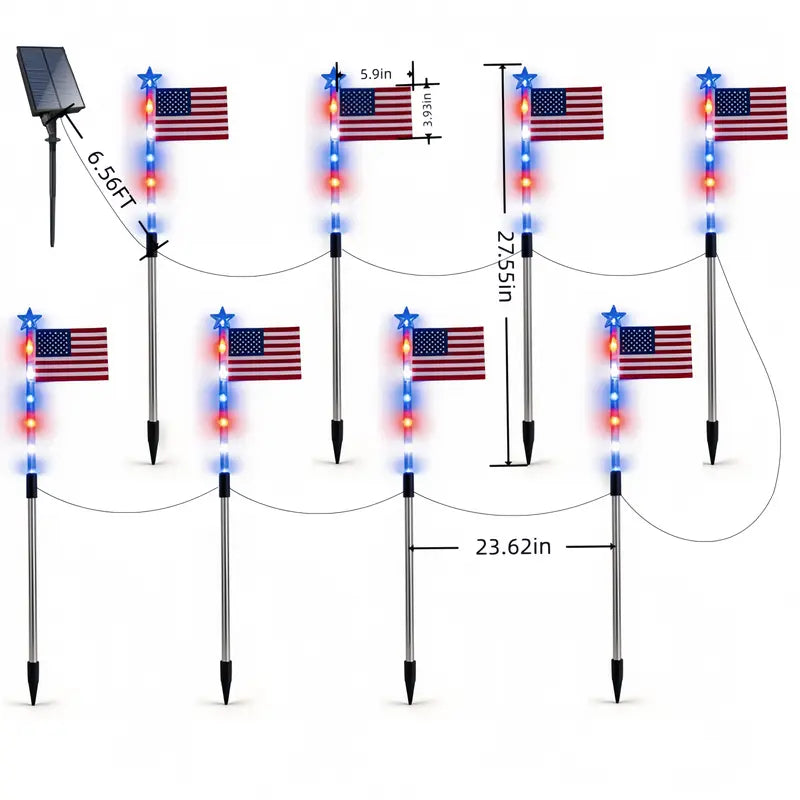 8-Piece Flag Light Set, 4th of July Decorations 8 Lighting Modes, 8-in-1 American Flag Solar Lights, Memorial Day Decorations Featuring Red, White, and Blue Lights for Independence Day Pathway Garden Decorations Yard Pathway