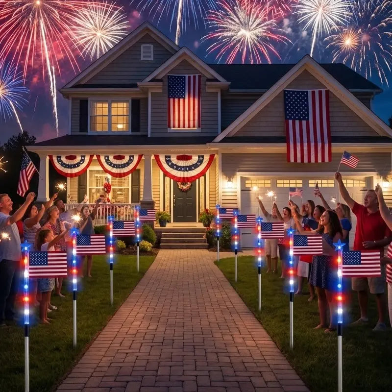 8-Piece Flag Light Set, 4th of July Decorations 8 Lighting Modes, 8-in-1 American Flag Solar Lights, Memorial Day Decorations Featuring Red, White, and Blue Lights for Independence Day Pathway Garden Decorations Yard Pathway