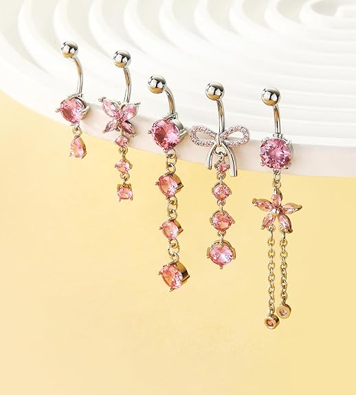 Belly Button Rings Gold Plated Silver Pink Clear CZ Belly Rings for Women Heart Bow Flower Butterfly Teardrop Dangle Navel Belly Button Piercing Jewelry