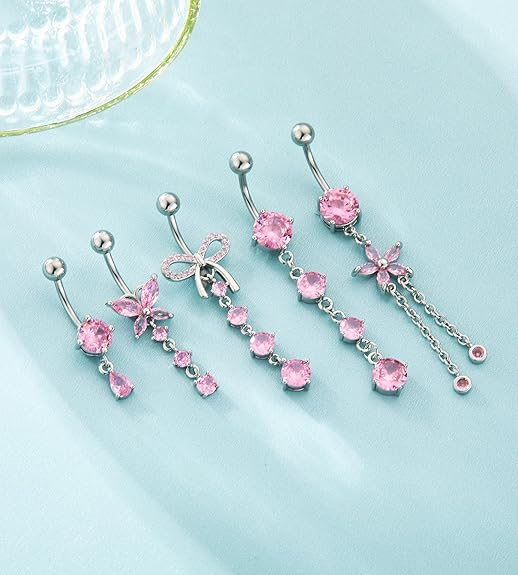 Belly Button Rings Gold Plated Silver Pink Clear CZ Belly Rings for Women Heart Bow Flower Butterfly Teardrop Dangle Navel Belly Button Piercing Jewelry