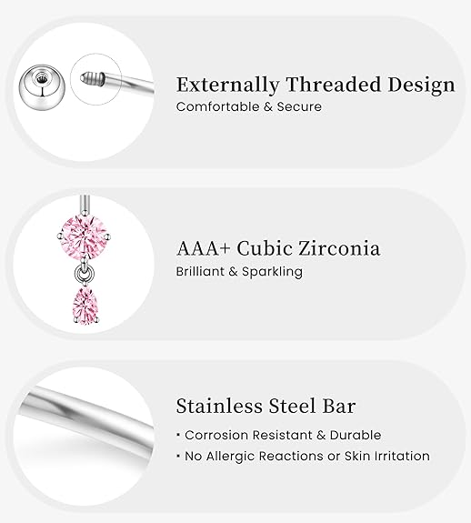 Belly Button Rings Gold Plated Silver Pink Clear CZ Belly Rings for Women Heart Bow Flower Butterfly Teardrop Dangle Navel Belly Button Piercing Jewelry